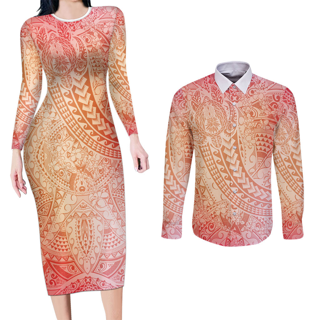 Hawaiian Turtles and Leis Couples Matching Long Sleeve Bodycon Dress and Long Sleeve Button Shirt Tribal Kakau Pattern Peach Fuzz Color