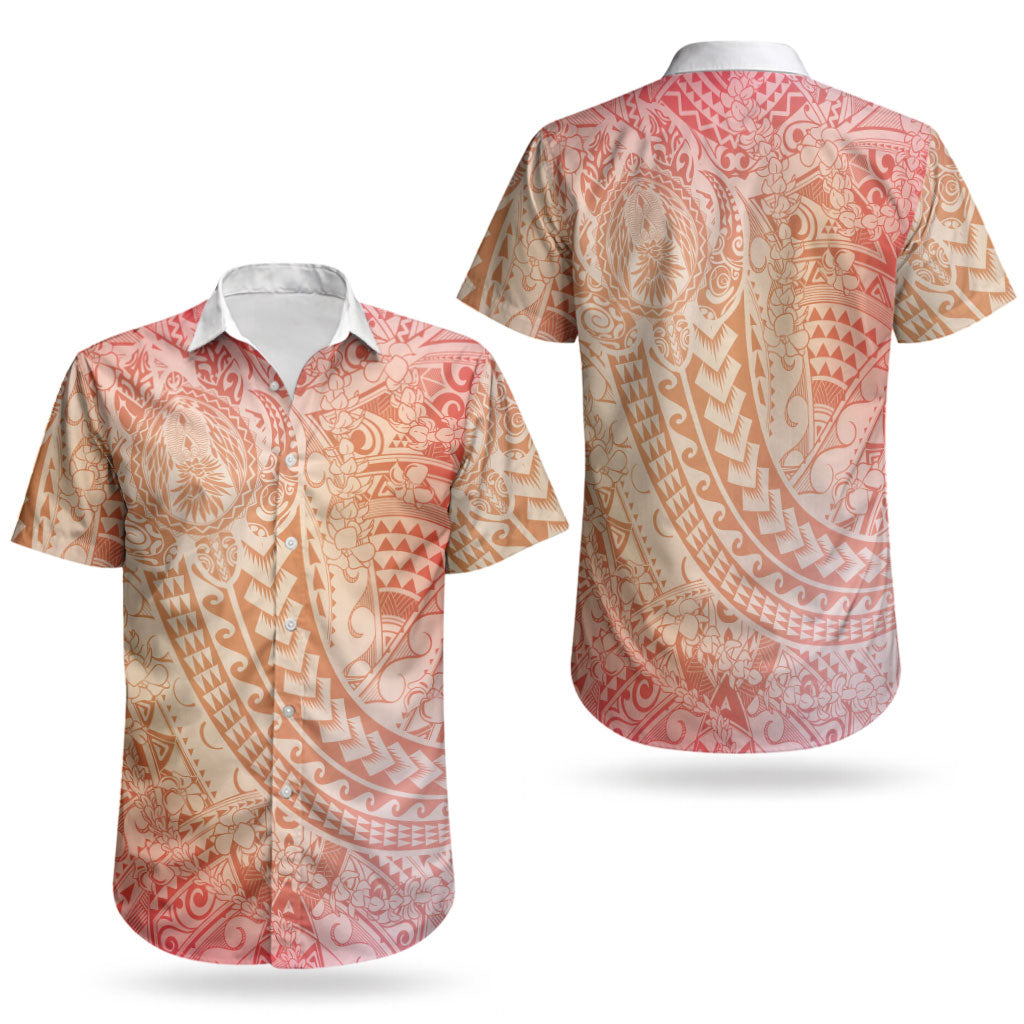Hawaiian Turtles and Leis Couples Matching Off Shoulder Short Dress and Hawaiian Shirt Tribal Kakau Pattern Peach Fuzz Color LT03 - Polynesian Pride