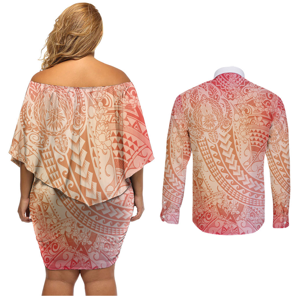 Hawaiian Turtles and Leis Couples Matching Off Shoulder Short Dress and Long Sleeve Button Shirt Tribal Kakau Pattern Peach Fuzz Color