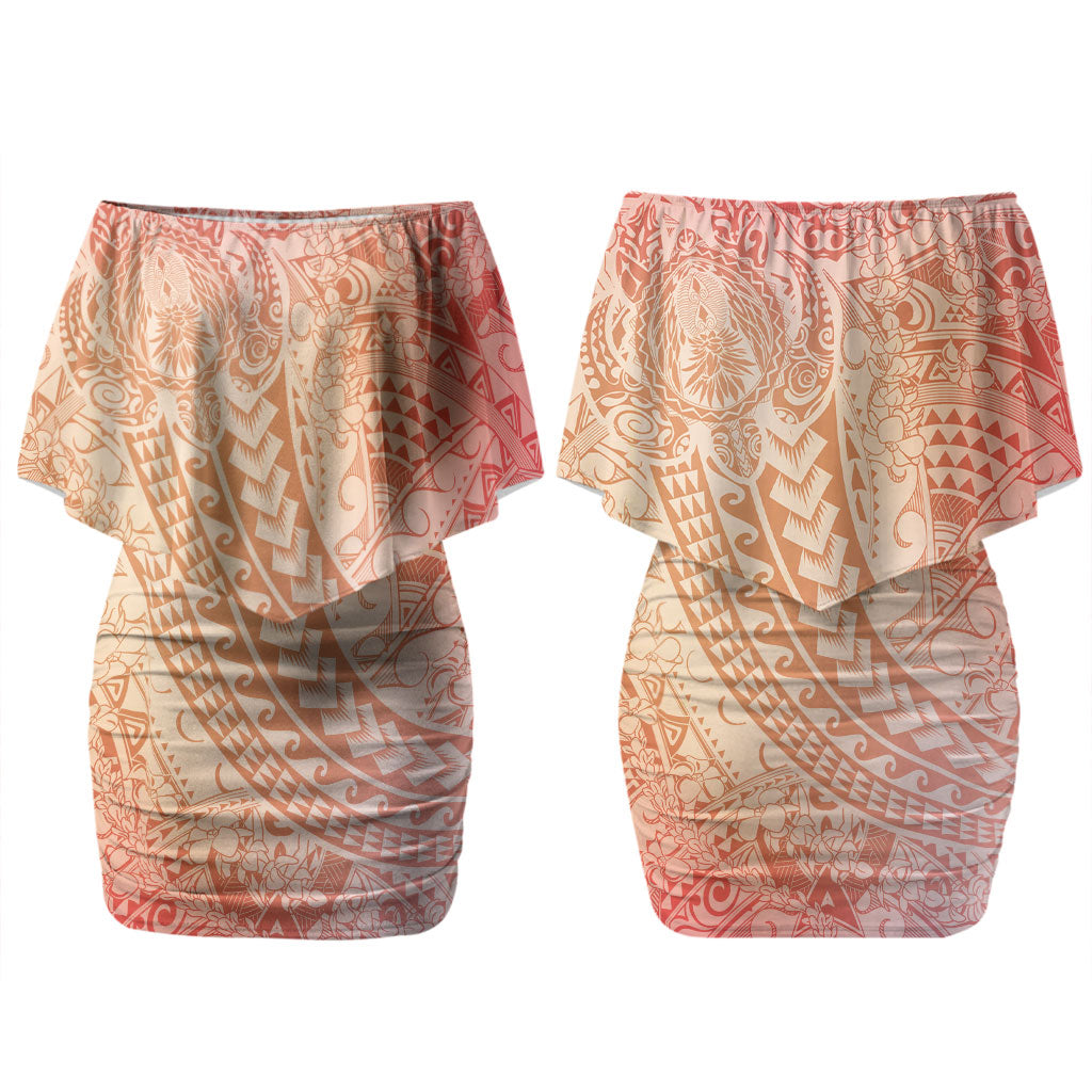 Hawaiian Turtles and Leis Couples Matching Off Shoulder Short Dress and Long Sleeve Button Shirt Tribal Kakau Pattern Peach Fuzz Color LT03 - Polynesian Pride