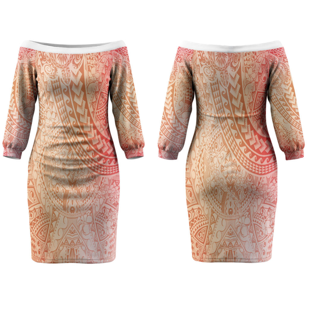 Hawaiian Turtles and Leis Couples Matching Off The Shoulder Long Sleeve Dress and Long Sleeve Button Shirt Tribal Kakau Pattern Peach Fuzz Color LT03 - Polynesian Pride