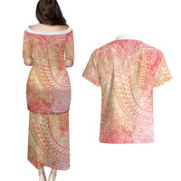 Hawaiian Turtles and Leis Couples Matching Puletasi and Hawaiian Shirt Tribal Kakau Pattern Peach Fuzz Color