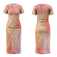 Hawaiian Turtles and Leis Couples Matching Short Sleeve Bodycon Dress and Long Sleeve Button Shirt Tribal Kakau Pattern Peach Fuzz Color LT03 - Polynesian Pride
