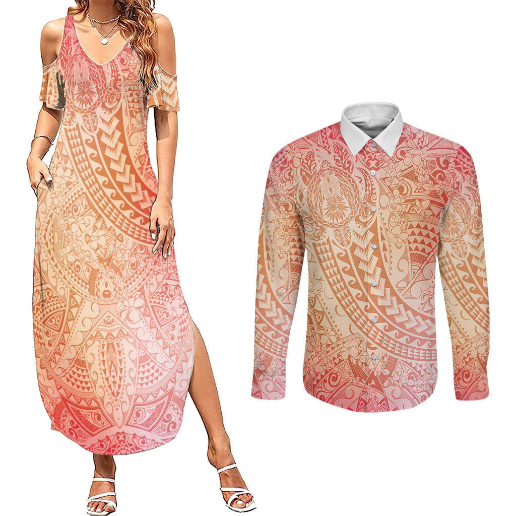 Hawaiian Turtles and Leis Couples Matching Summer Maxi Dress and Long Sleeve Button Shirt Tribal Kakau Pattern Peach Fuzz Color LT03 Peach Fuzz - Polynesian Pride