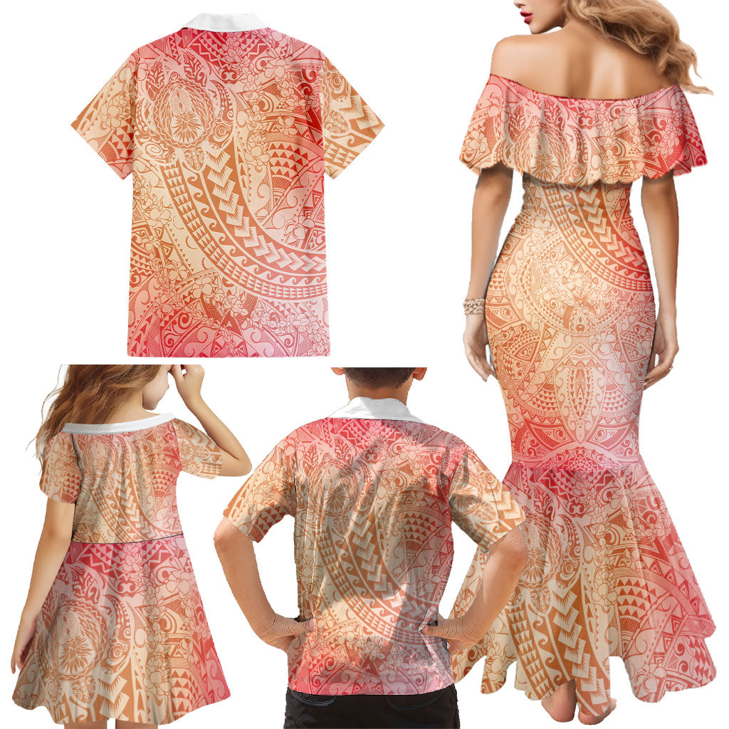 Hawaiian Turtles and Leis Family Matching Mermaid Dress and Hawaiian Shirt Tribal Kakau Pattern Peach Fuzz Color