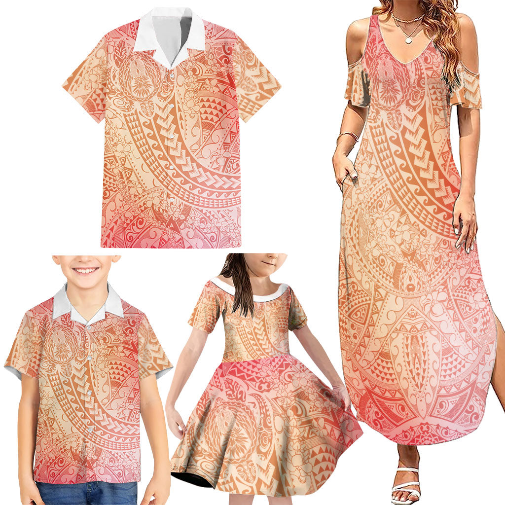 Hawaiian Turtles and Leis Family Matching Summer Maxi Dress and Hawaiian Shirt Tribal Kakau Pattern Peach Fuzz Color LT03 - Polynesian Pride