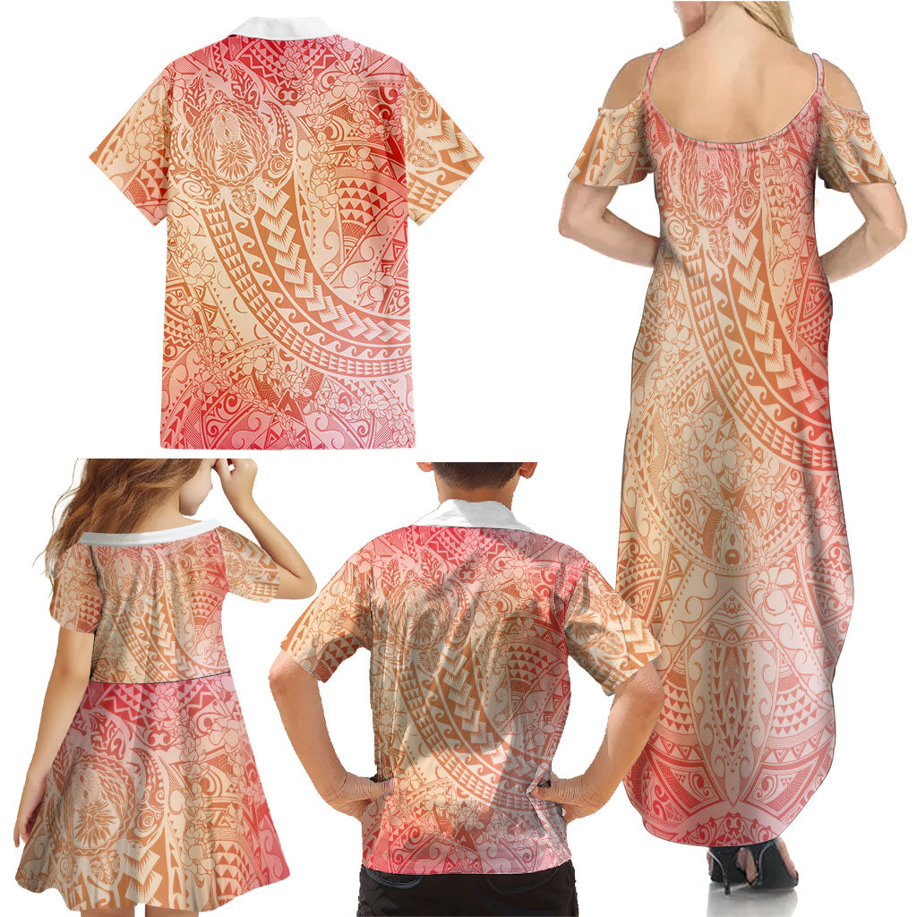 Hawaiian Turtles and Leis Family Matching Summer Maxi Dress and Hawaiian Shirt Tribal Kakau Pattern Peach Fuzz Color