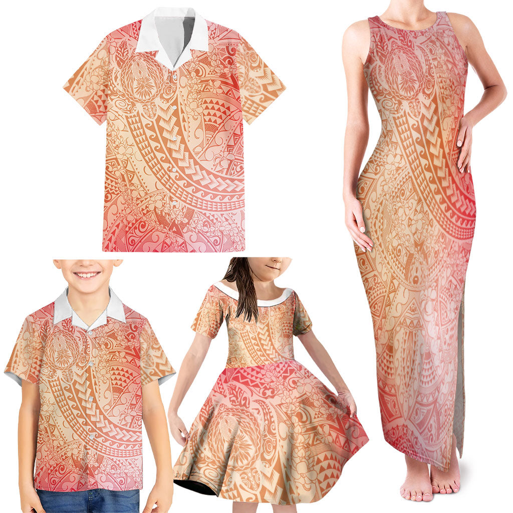 Hawaiian Turtles and Leis Family Matching Tank Maxi Dress and Hawaiian Shirt Tribal Kakau Pattern Peach Fuzz Color LT03 - Polynesian Pride
