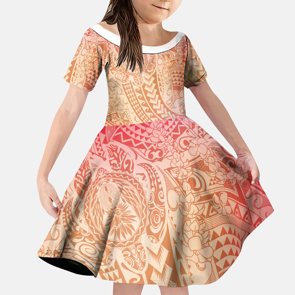 Hawaiian Turtles and Leis Kid Short Sleeve Dress Tribal Kakau Pattern Peach Fuzz Color LT03 KID Peach Fuzz - Polynesian Pride