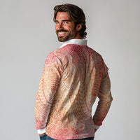 Hawaiian Turtles and Leis Long Sleeve Polo Shirt Tribal Kakau Pattern Peach Fuzz Color