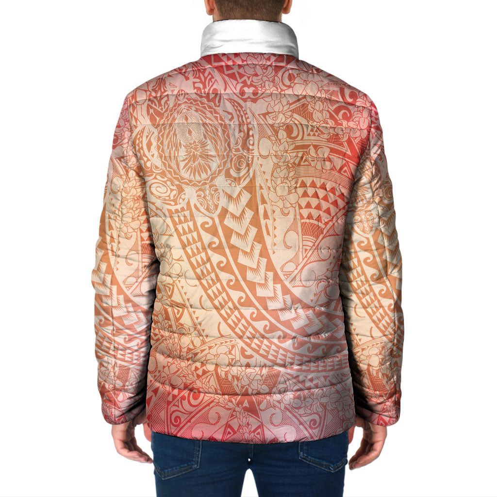 Hawaiian Turtles and Leis Padded Jacket Tribal Kakau Pattern Peach Fuzz Color