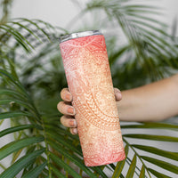 Hawaiian Turtles and Leis Skinny Tumbler Tribal Kakau Pattern Peach Fuzz Color