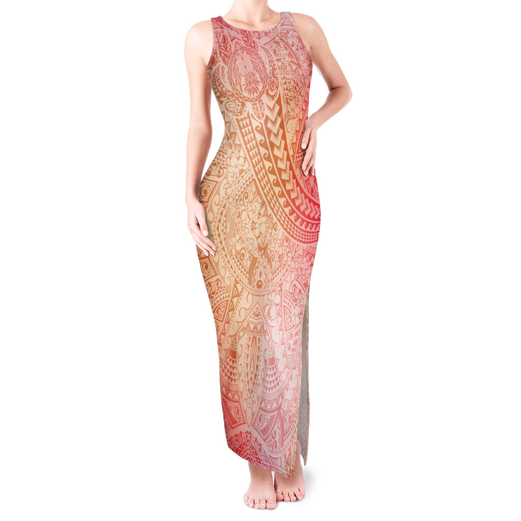 Hawaiian Turtles and Leis Tank Maxi Dress Tribal Kakau Pattern Peach Fuzz Color LT03 Women Peach Fuzz - Polynesian Pride