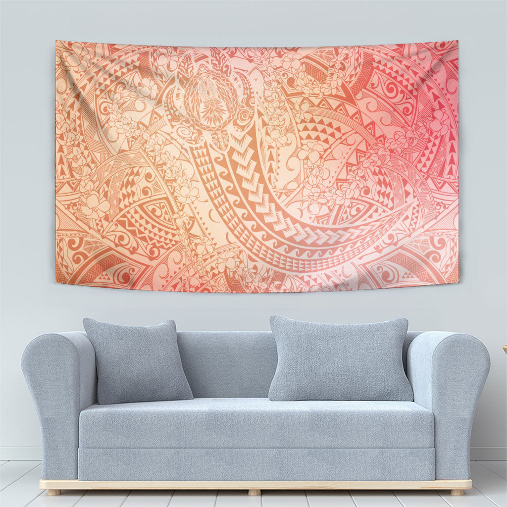 Hawaiian Turtles and Leis Tapestry Tribal Kakau Pattern Peach Fuzz Color