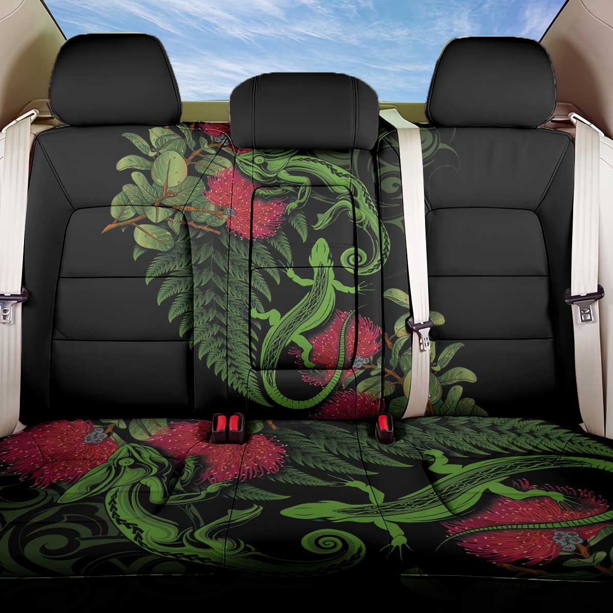 New Zealand Chameleon and Gecko Back Car Seat Cover Maori Silver Fern and Pohutukawa Decoration LT03 One Size Green - Polynesian Pride