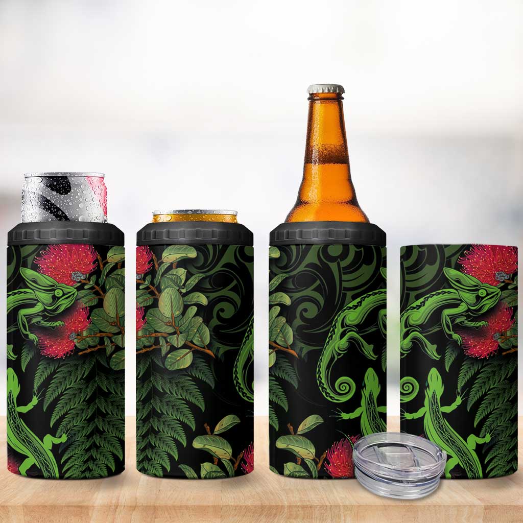 New Zealand Chameleon and Gecko 4 in 1 Can Cooler Tumbler Maori Silver Fern and Pohutukawa Decoration LT03 - Polynesian Pride