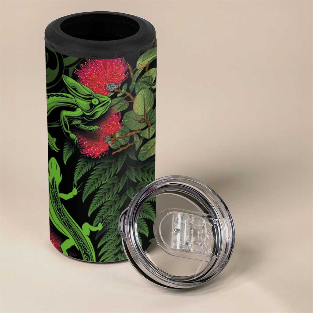 New Zealand Chameleon and Gecko 4 in 1 Can Cooler Tumbler Maori Silver Fern and Pohutukawa Decoration LT03 - Polynesian Pride