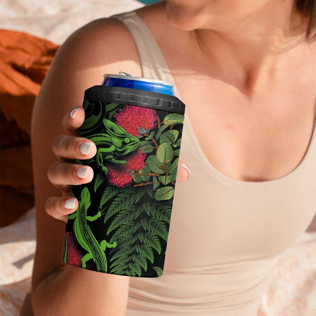 New Zealand Chameleon and Gecko 4 in 1 Can Cooler Tumbler Maori Silver Fern and Pohutukawa Decoration LT03 - Polynesian Pride