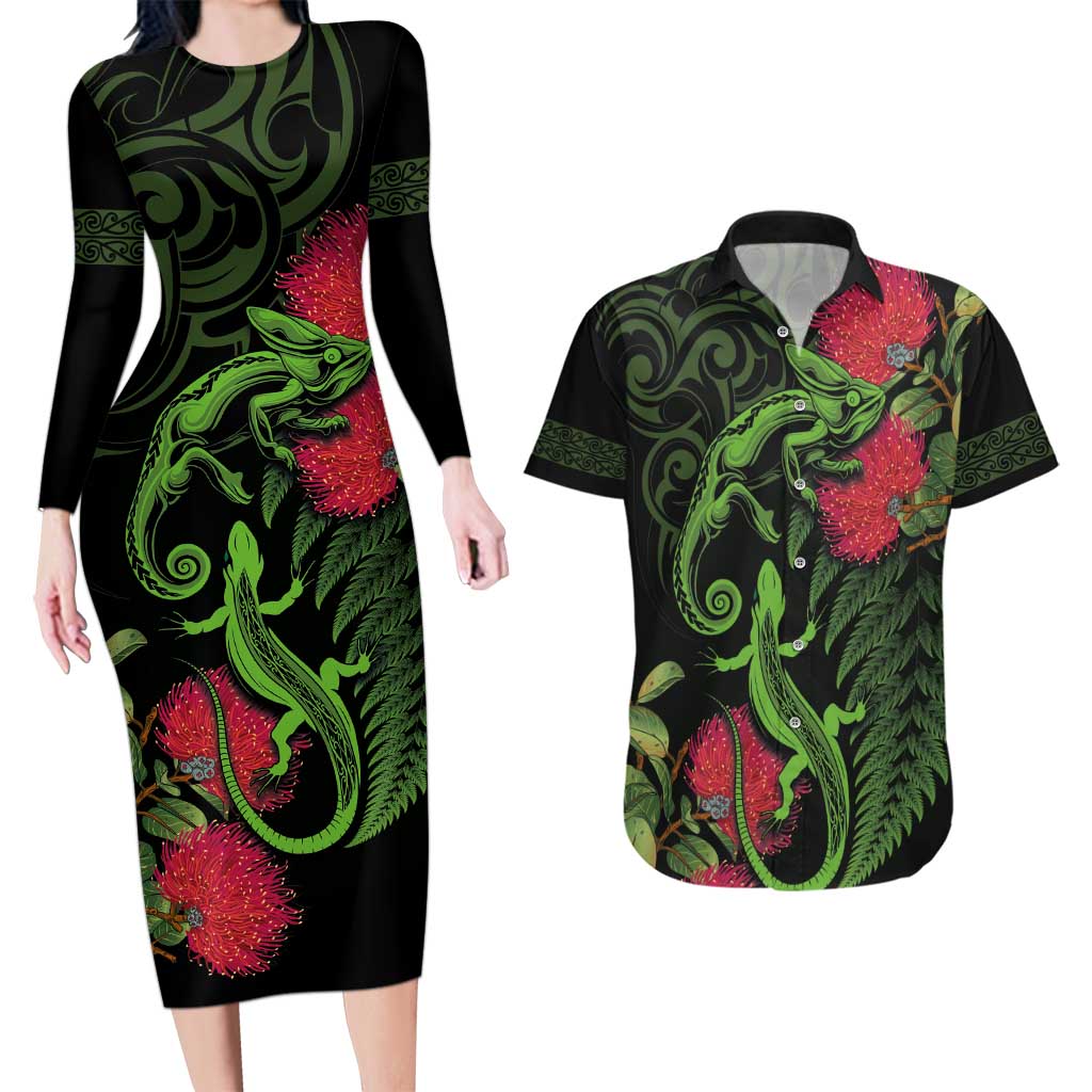 New Zealand Chameleon and Gecko Couples Matching Long Sleeve Bodycon Dress and Hawaiian Shirt Maori Silver Fern and Pohutukawa Decoration LT03 Green - Polynesian Pride