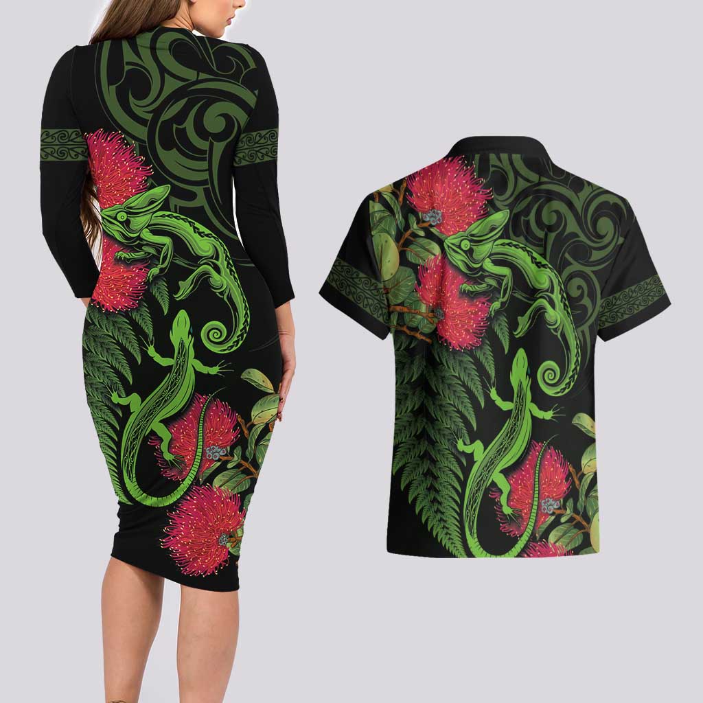 New Zealand Chameleon and Gecko Couples Matching Long Sleeve Bodycon Dress and Hawaiian Shirt Maori Silver Fern and Pohutukawa Decoration LT03 - Polynesian Pride