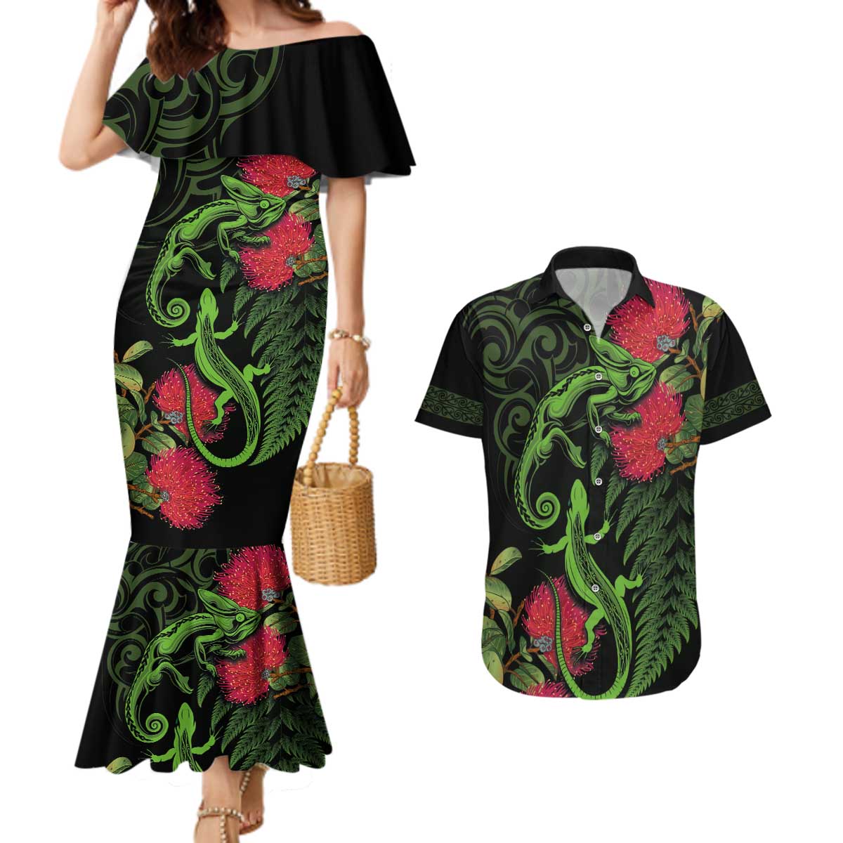 New Zealand Chameleon and Gecko Couples Matching Mermaid Dress and Hawaiian Shirt Maori Silver Fern and Pohutukawa Decoration LT03 Green - Polynesian Pride
