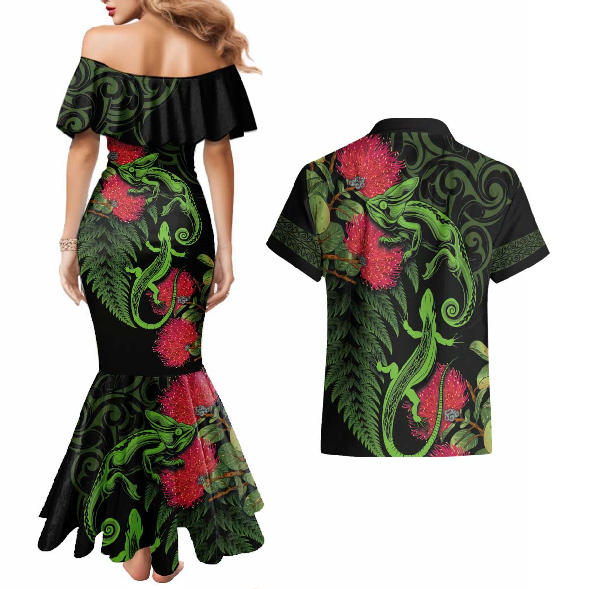 New Zealand Chameleon and Gecko Couples Matching Mermaid Dress and Hawaiian Shirt Maori Silver Fern and Pohutukawa Decoration LT03 - Polynesian Pride