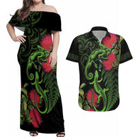 New Zealand Chameleon and Gecko Couples Matching Off Shoulder Maxi Dress and Hawaiian Shirt Maori Silver Fern and Pohutukawa Decoration LT03 Green - Polynesian Pride