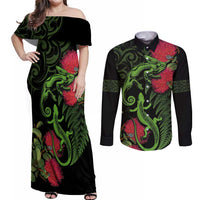 New Zealand Chameleon and Gecko Couples Matching Off Shoulder Maxi Dress and Long Sleeve Button Shirt Maori Silver Fern and Pohutukawa Decoration LT03 Green - Polynesian Pride