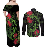 New Zealand Chameleon and Gecko Couples Matching Off Shoulder Maxi Dress and Long Sleeve Button Shirt Maori Silver Fern and Pohutukawa Decoration LT03 - Polynesian Pride