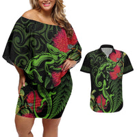 New Zealand Chameleon and Gecko Couples Matching Off Shoulder Short Dress and Hawaiian Shirt Maori Silver Fern and Pohutukawa Decoration LT03 Green - Polynesian Pride