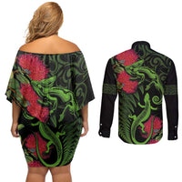 New Zealand Chameleon and Gecko Couples Matching Off Shoulder Short Dress and Long Sleeve Button Shirt Maori Silver Fern and Pohutukawa Decoration LT03 - Polynesian Pride
