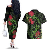 New Zealand Chameleon and Gecko Couples Matching Off The Shoulder Long Sleeve Dress and Hawaiian Shirt Maori Silver Fern and Pohutukawa Decoration LT03 - Polynesian Pride