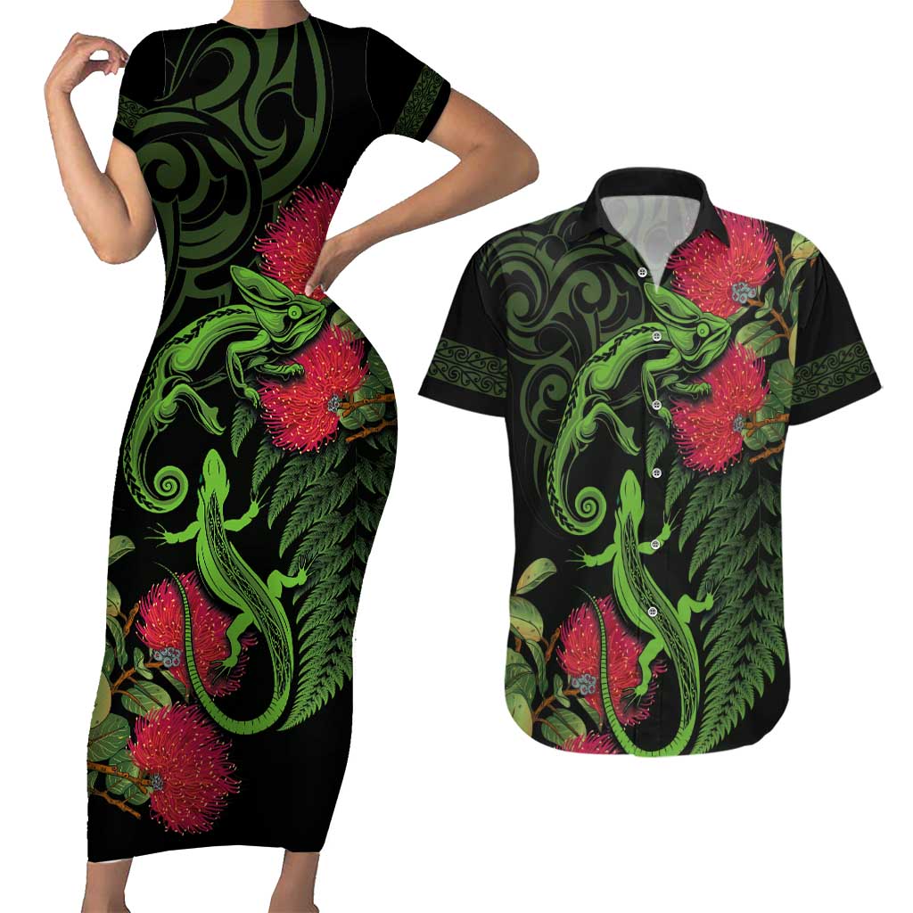 New Zealand Chameleon and Gecko Couples Matching Short Sleeve Bodycon Dress and Hawaiian Shirt Maori Silver Fern and Pohutukawa Decoration LT03 Green - Polynesian Pride