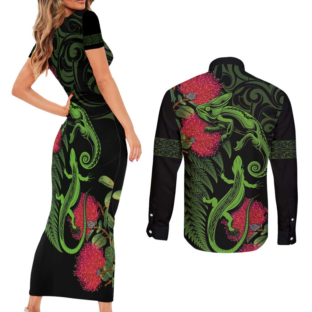 New Zealand Chameleon and Gecko Couples Matching Short Sleeve Bodycon Dress and Long Sleeve Button Shirt Maori Silver Fern and Pohutukawa Decoration LT03 - Polynesian Pride