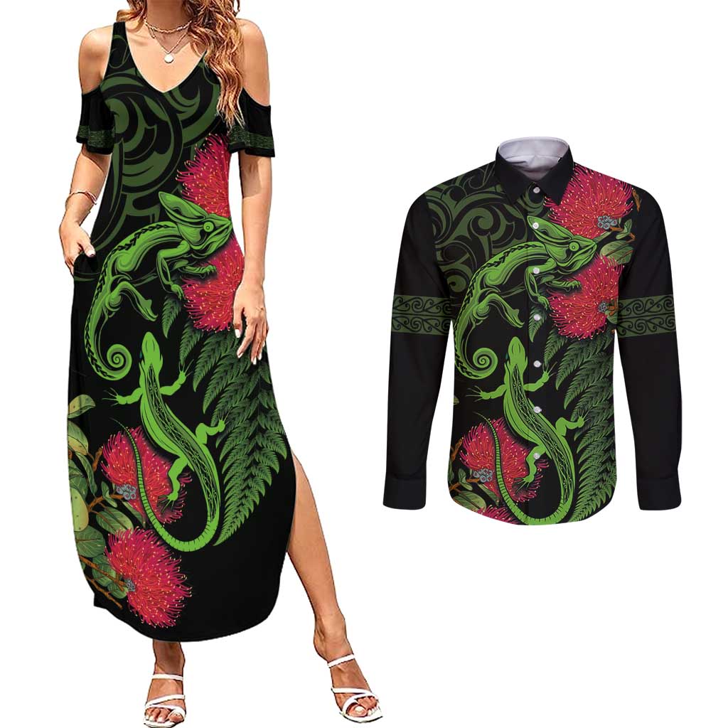 New Zealand Chameleon and Gecko Couples Matching Summer Maxi Dress and Long Sleeve Button Shirt Maori Silver Fern and Pohutukawa Decoration LT03 Green - Polynesian Pride