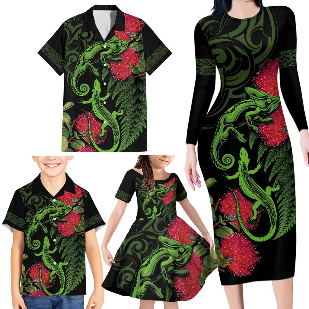 New Zealand Chameleon and Gecko Family Matching Long Sleeve Bodycon Dress and Hawaiian Shirt Maori Silver Fern and Pohutukawa Decoration LT03 - Polynesian Pride