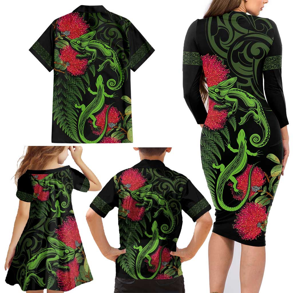 New Zealand Chameleon and Gecko Family Matching Long Sleeve Bodycon Dress and Hawaiian Shirt Maori Silver Fern and Pohutukawa Decoration LT03 - Polynesian Pride