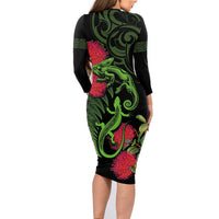 New Zealand Chameleon and Gecko Family Matching Long Sleeve Bodycon Dress and Hawaiian Shirt Maori Silver Fern and Pohutukawa Decoration LT03 - Polynesian Pride