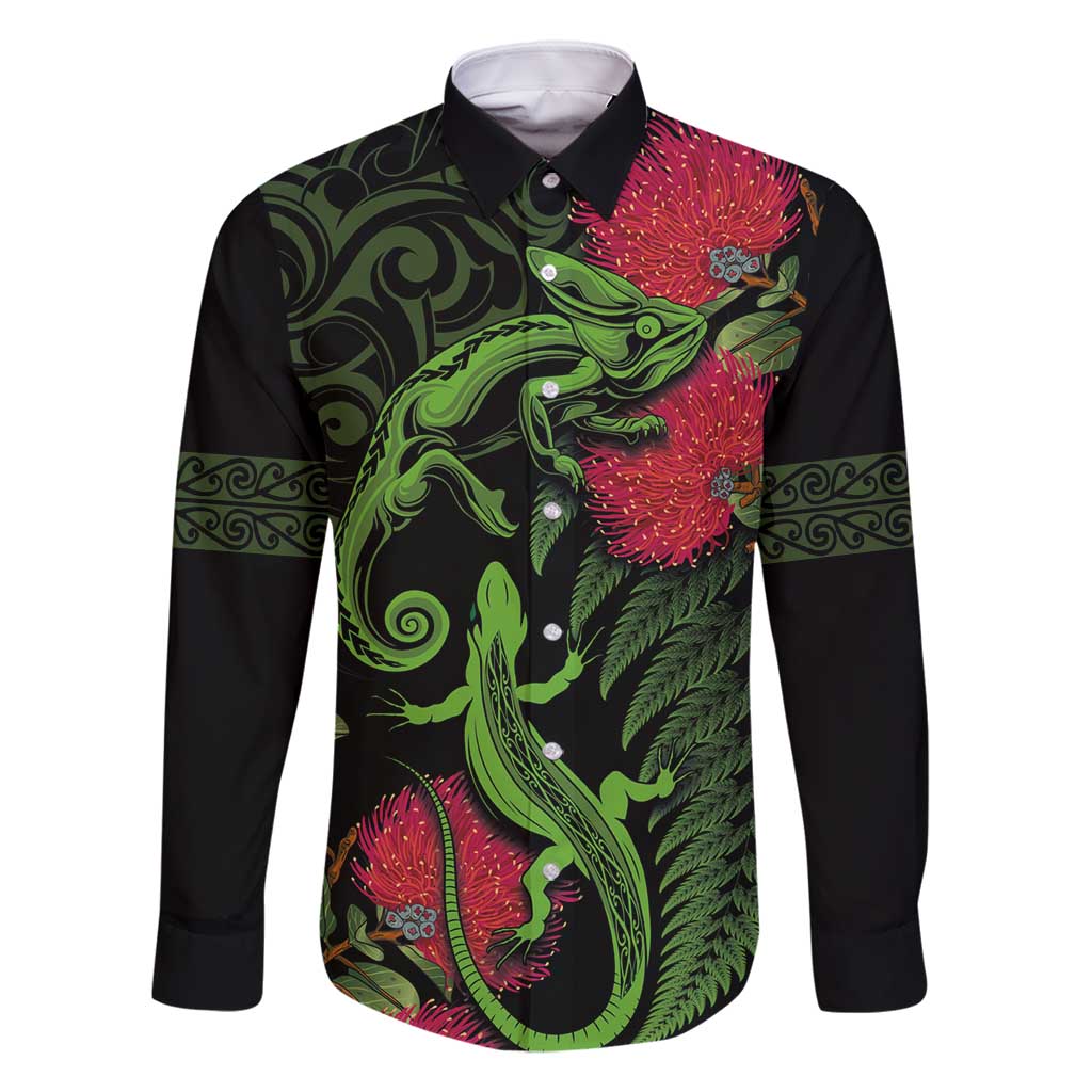 New Zealand Chameleon and Gecko Family Matching Mermaid Dress and Hawaiian Shirt Maori Silver Fern and Pohutukawa Decoration LT03 Dad's Shirt - Long Sleeve Green - Polynesian Pride