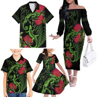 New Zealand Chameleon and Gecko Family Matching Off The Shoulder Long Sleeve Dress and Hawaiian Shirt Maori Silver Fern and Pohutukawa Decoration LT03 - Polynesian Pride