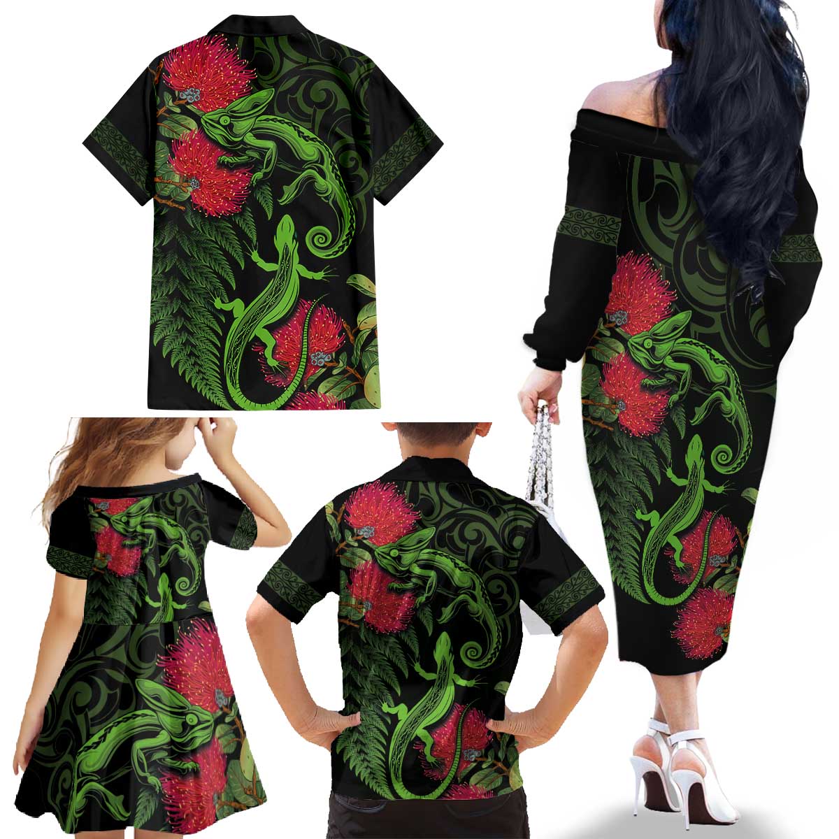 New Zealand Chameleon and Gecko Family Matching Off The Shoulder Long Sleeve Dress and Hawaiian Shirt Maori Silver Fern and Pohutukawa Decoration LT03 - Polynesian Pride