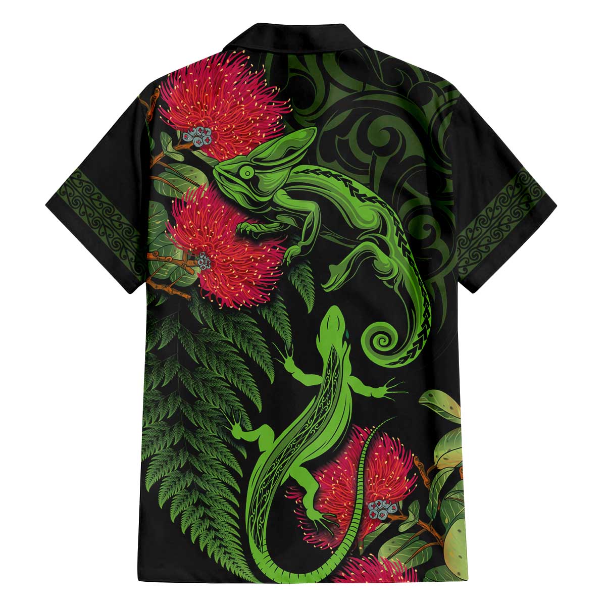 New Zealand Chameleon and Gecko Family Matching Off The Shoulder Long Sleeve Dress and Hawaiian Shirt Maori Silver Fern and Pohutukawa Decoration LT03 - Polynesian Pride