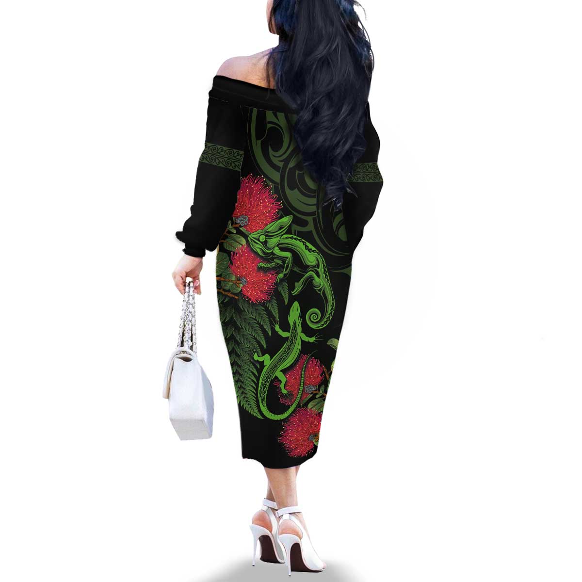 New Zealand Chameleon and Gecko Family Matching Off The Shoulder Long Sleeve Dress and Hawaiian Shirt Maori Silver Fern and Pohutukawa Decoration LT03 - Polynesian Pride