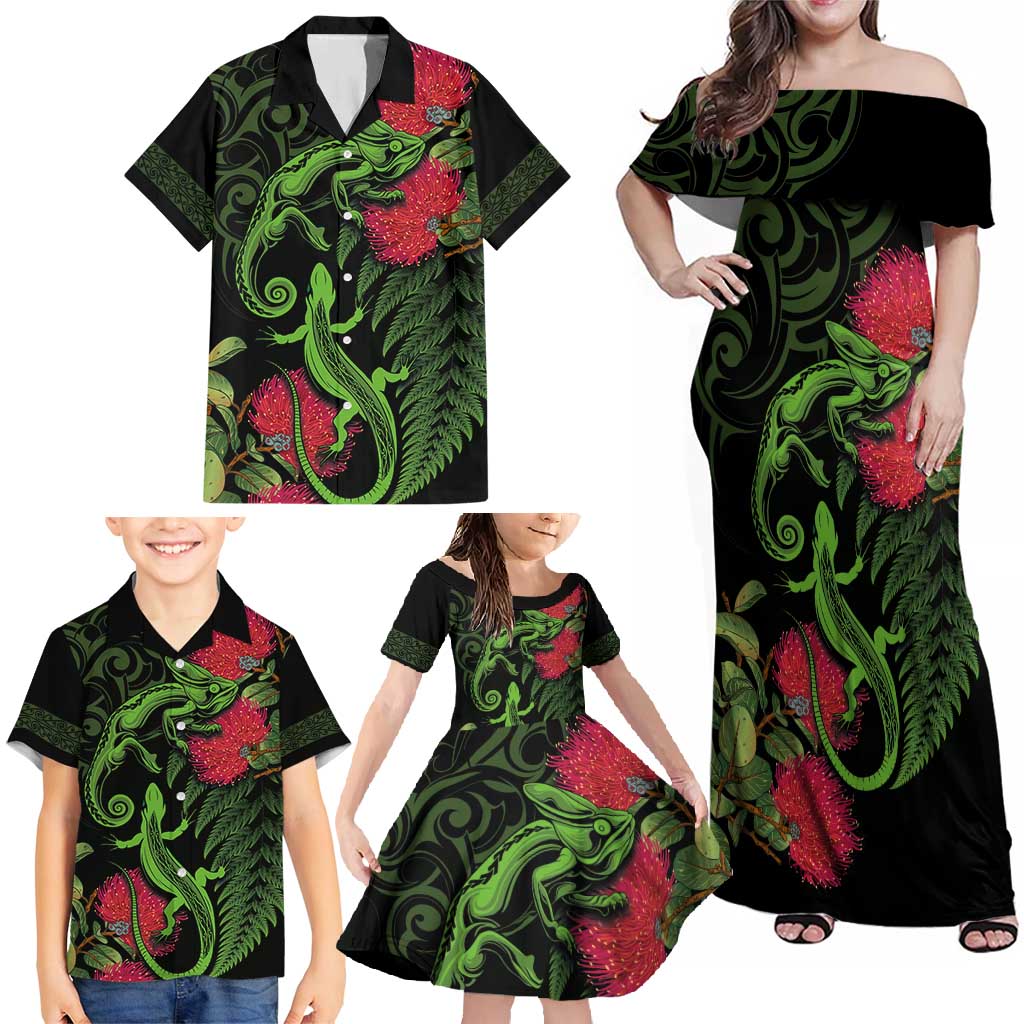 New Zealand Chameleon and Gecko Family Matching Off Shoulder Maxi Dress and Hawaiian Shirt Maori Silver Fern and Pohutukawa Decoration LT03 - Polynesian Pride