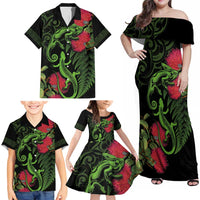 New Zealand Chameleon and Gecko Family Matching Off Shoulder Maxi Dress and Hawaiian Shirt Maori Silver Fern and Pohutukawa Decoration LT03 - Polynesian Pride