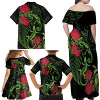 New Zealand Chameleon and Gecko Family Matching Off Shoulder Maxi Dress and Hawaiian Shirt Maori Silver Fern and Pohutukawa Decoration LT03 - Polynesian Pride