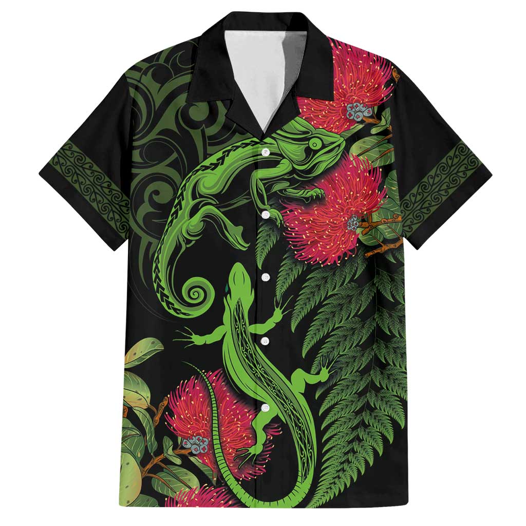 New Zealand Chameleon and Gecko Family Matching Off Shoulder Maxi Dress and Hawaiian Shirt Maori Silver Fern and Pohutukawa Decoration LT03 Dad's Shirt - Short Sleeve Green - Polynesian Pride