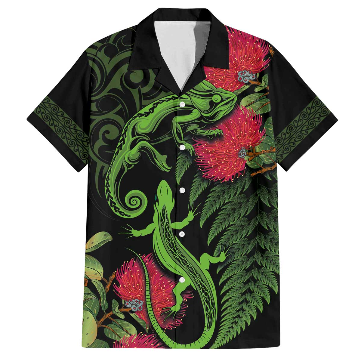 New Zealand Chameleon and Gecko Family Matching Off Shoulder Short Dress and Hawaiian Shirt Maori Silver Fern and Pohutukawa Decoration LT03 Dad's Shirt - Short Sleeve Green - Polynesian Pride