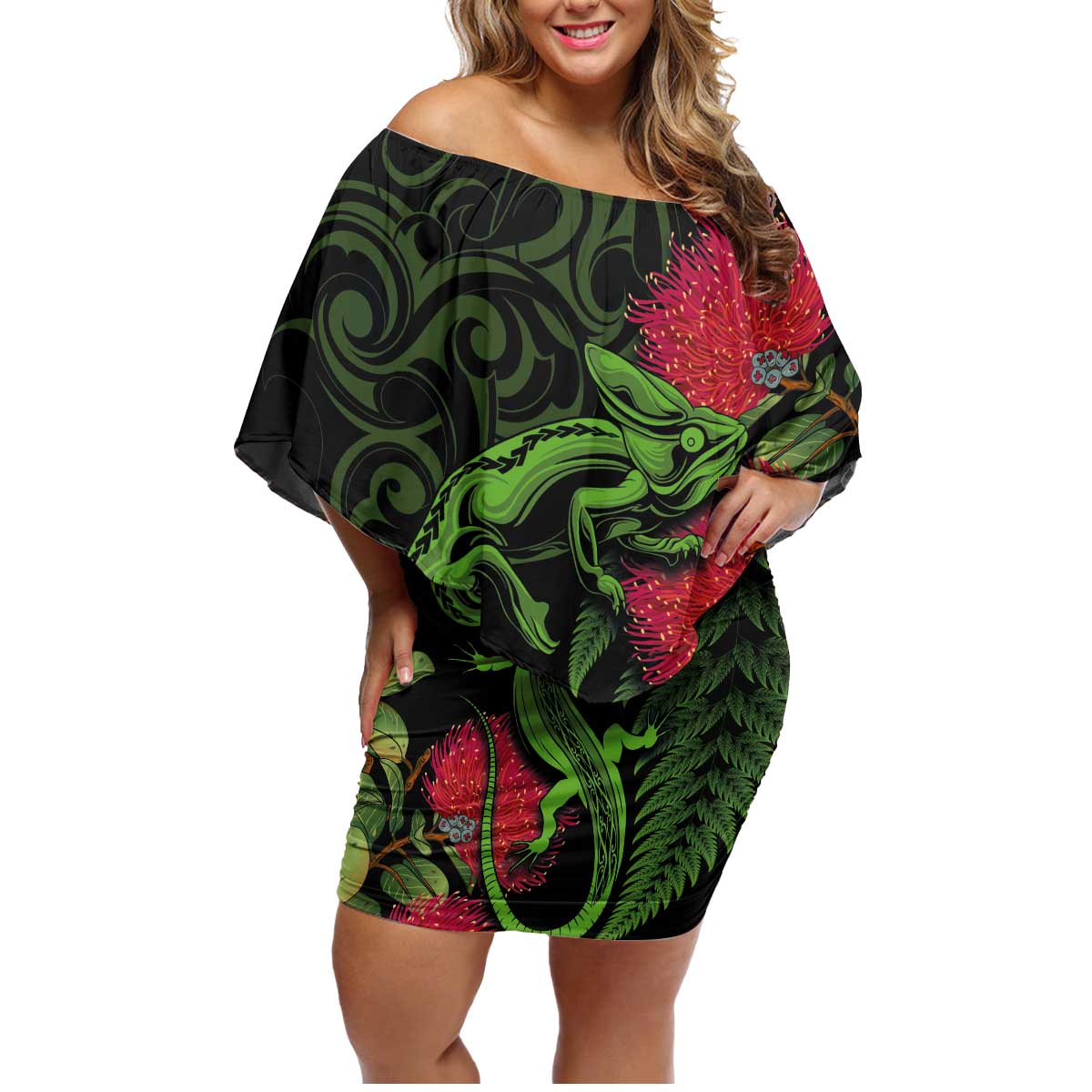 New Zealand Chameleon and Gecko Family Matching Off Shoulder Short Dress and Hawaiian Shirt Maori Silver Fern and Pohutukawa Decoration LT03 Mom's Dress Green - Polynesian Pride