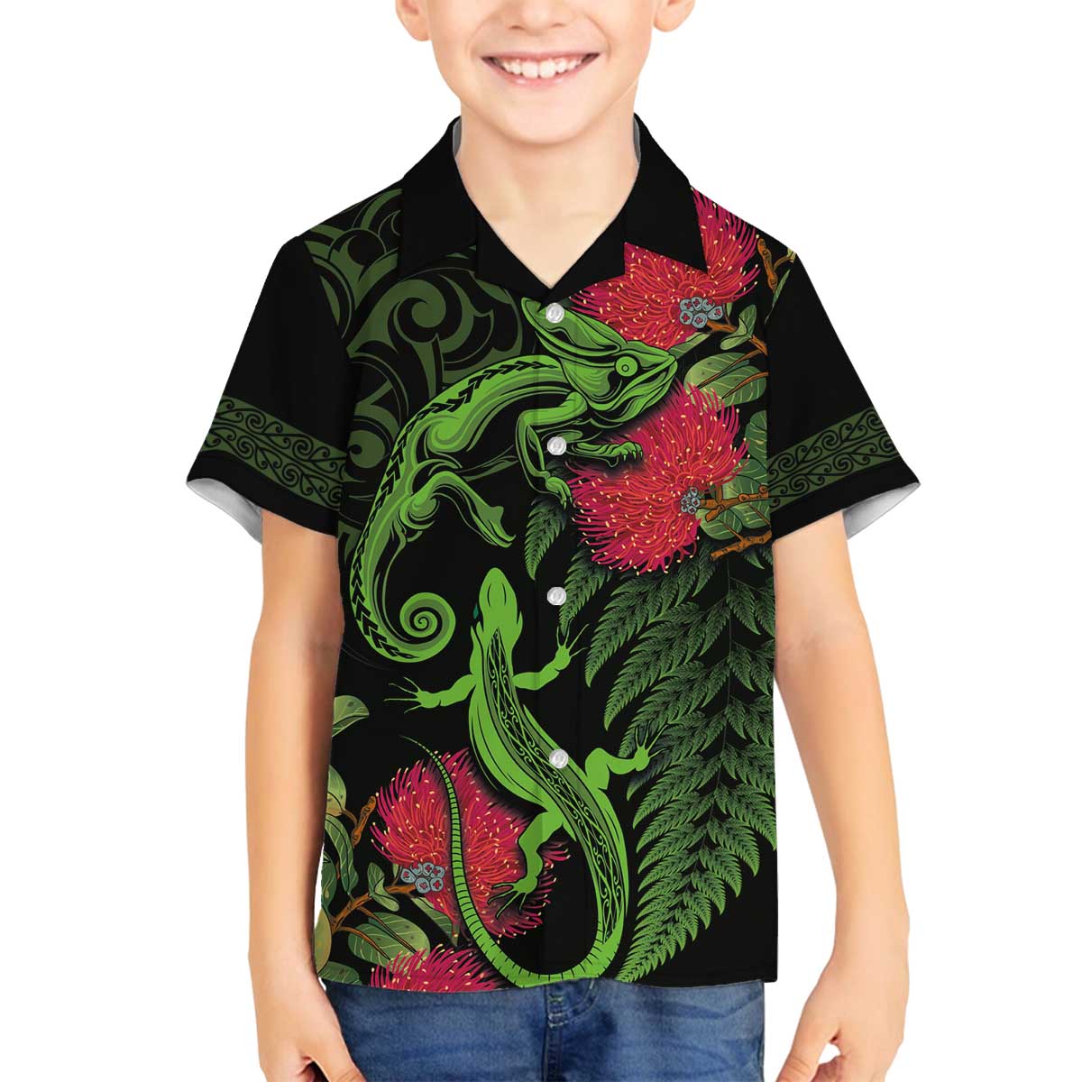 New Zealand Chameleon and Gecko Family Matching Off Shoulder Short Dress and Hawaiian Shirt Maori Silver Fern and Pohutukawa Decoration LT03 Son's Shirt Green - Polynesian Pride